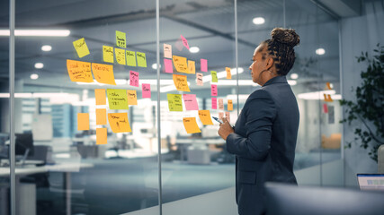 Poster - African American Businesswoman Creating Project Plan on Office Wall with Paper Notes. Stylish Confident Manager Working on Business, Financial and Marketing Projects. Specialist in Diverse Team.