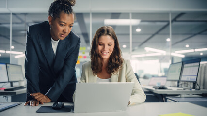 Poster - Two Female Colleagues Fondly Discussing Work, Smile while Showing Project on Laptop in Diverse Modern Business Office. Experienced Manager and Young Employee Discuss a Analytical Data.