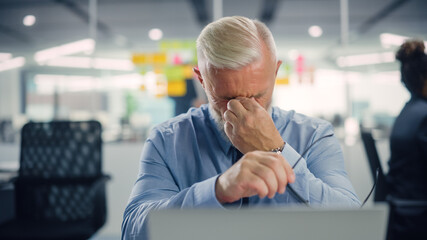Aufkleber - Busy Senior Businessman Using Laptop Computer in Modern Office. Manager Rests His Eyes and Thinks About Successful Financial Ideas. Stressed Man Experienced in Finding Problem Solving Solutions.