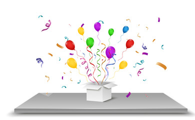 Poster - Confetti flies out of the box. Surprise .Vector illustration