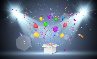 Poster - Confetti flies out of the box. Surprise .Vector illustration