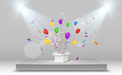 Poster - Confetti flies out of the box. Surprise .Vector illustration