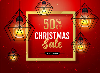 Wall Mural - Christmas holiday sale banner with modern glowing lamps on red background