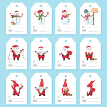 A Set Of Gift Tags, Labels With Cute Christmas Characters - Santa, Snowman, Dwarf On A White Background. Printable Template With Color Vector Flat Illustrations And The Words To, From.