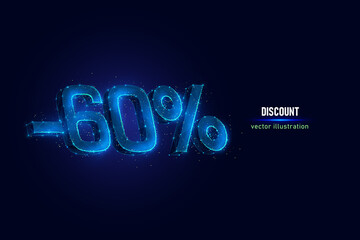 Wall Mural - 60 percent off digital wireframe made of connected dots. Holiday discount low poly vector illustration on blue background.