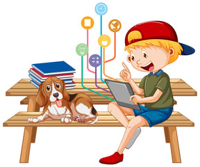 Wall Mural - Young boy using laptop with education icons