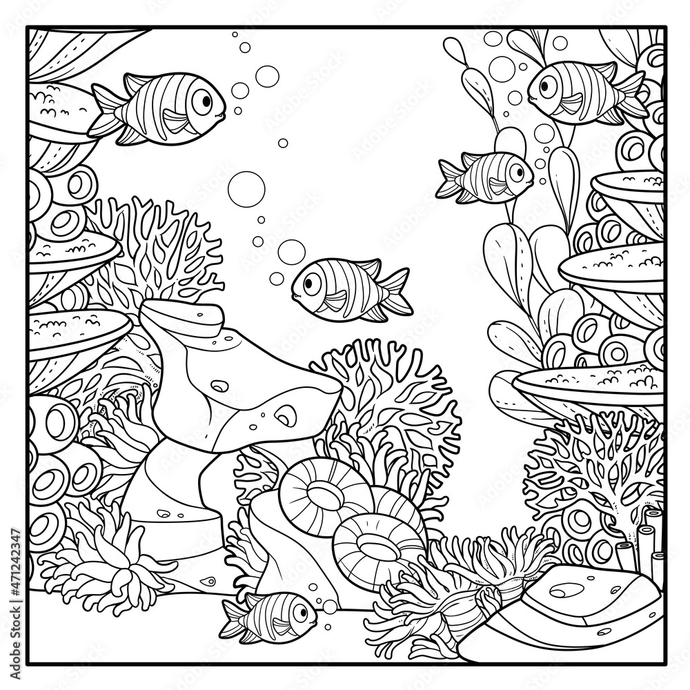 Underwater world with corals, anemones, algae and cartoon fishes floats ...