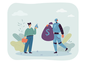 Aufkleber - Robotic character earning more money than female business person. Robot holding big sack of money, sad woman flat vector illustration. Automation, AI, finances concept for banner, website design