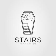 Stair On Coffin Door Line Art Logo Vector Illustration Design. Stairway To Heaven At Night Symbol