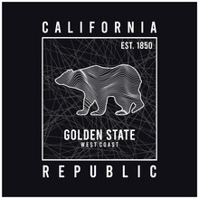 California Modern Typography For T-shirts. California College T-shirt With Grizzly Bear. Golden Country Slogan, Whith Background Texture Vector Illustration