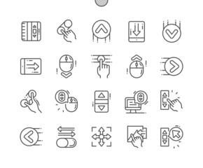 Poster - Scroll down. Move left and right. Zoom in and out. Scrolling on computer. Gesture, application and button. Pixel Perfect Vector Thin Line Icons. Simple Minimal Pictogram