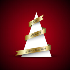 Wall Mural - simple card with christmas tree made from paper triangle and golden stripe ribbon