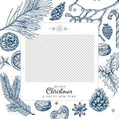 Christmas light family photo card layout template with christmas elements