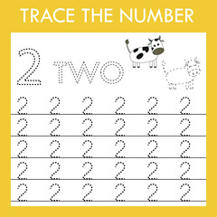 Number two stroke worksheet with  pets cows for fine motor skills kids. Educational game for preschoolers.