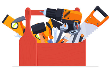 wooden toolbox full of repair or construction instrument vector flat cartoon illustration