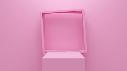 Poster - Square podium on pink wall background and empty frame. Abstract loop animation
