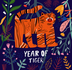 Wall Mural - Vector illustration with Symbol of 2022 year. Year of Tiger. Cartoon greeting card
