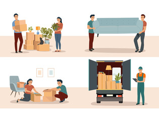 Wall Mural - Set of people moving. Transportation service. Vector cartoon flat style illustration