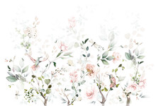 Watercolor Arrangements With Garden Roses, Birds. Collection Pink Flowers, Leaves, Branches. Decorative Trees Isolated On White Background.
