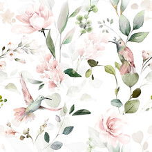 Seamless Floral Watercolor Pattern With Garden Pink Flowers Roses, Leaves, Birds, Branches. Botanic Tile, Background.