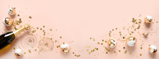 Banner with New Year champagne, wine glasses and Christmas white gold baubles on pink background. Greeting card for Festivity with copy space. View from above.