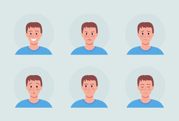Poster - Young man with different emotions semi flat color vector character avatar set. Portrait from front view. Isolated modern cartoon style illustration for graphic design and animation pack