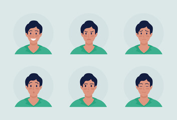 Poster - Man with different emotions semi flat color vector character avatar set. Casual style. Portrait from front view. Isolated modern cartoon style illustration for graphic design and animation pack