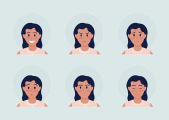 Poster - Girl with different emotions semi flat color vector character avatar set. Casual style. Portrait from front view. Isolated modern cartoon style illustration for graphic design and animation pack