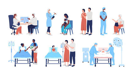 Poster - Hospital procedures semi flat color vector character set. Posing figures. Full body people on white. Medicine isolated modern cartoon style illustration for graphic design and animation collection