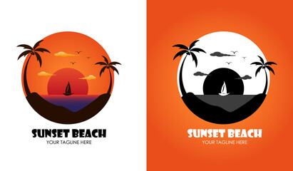 sunset beach logo with coconut tree island and a yacht on the sea