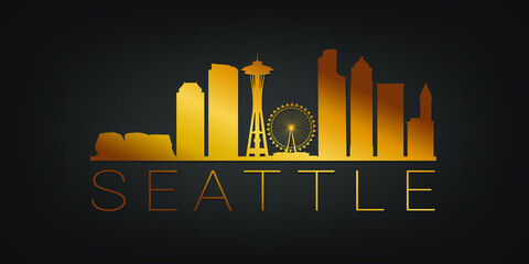 Wall Mural - Seattle, WA, USA Gold Skyline City Silhouette Vector. Golden Design Luxury Style Icon Symbols. Travel and Tourism Famous Buildings.