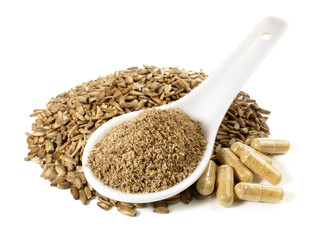 Wall Mural - Dried Pickled Thistle Seeds with Powder and Capsules. Bitter Substance isolated on white Background.