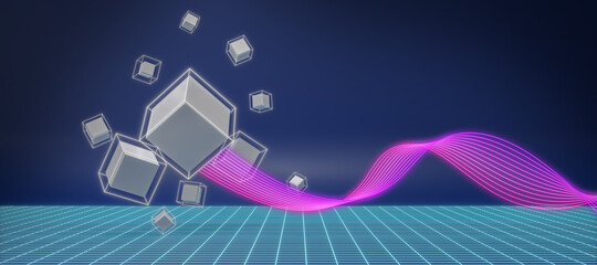 Poster - Big data and Internet connection concept, abstract business geometric with white 3d flying cubes on blue background, innovation and creativity concept, science and technology, 3d rendering