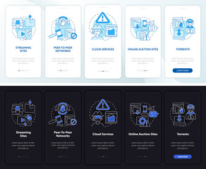 Sources of piracy onboarding mobile app page screen. Streaming sites walkthrough 5 steps graphic instructions with concepts. UI, UX, GUI vector template with linear night and day mode illustrations