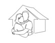 Minimalist portrait of enamored couple hugging near new house continuous line vector illustration