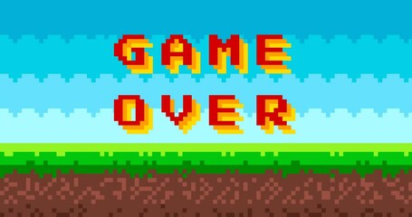 Poster - Animation of 'Game over' text on 8 bit game background. Gaming controller, symbols set. Pixel picture with sky, clouds, ground and grass. 4k video animated.