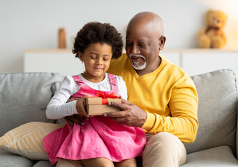 Wall Mural - Smiling black aged male gives birthday present to little girl in living room