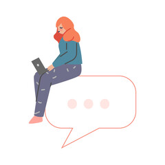 Sticker - Puzzled Woman Character Sitting with Laptop on Speech Bubble with Three Dots Asking Question Vector Illustration