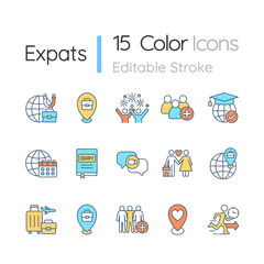 Canvas Print - Expats RGB color icons set. Moving and relocate abroad. Migration to foreign country. Work travel. Isolated vector illustrations. Simple filled line drawings collection. Editable stroke