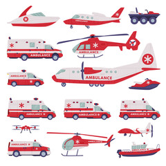 Sticker - Red and White Ambulance as Rescue Equipment or Specialized Machine and Emergency Vehicle for Urgent Saving of Life Vector Set