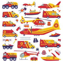 Sticker - Rescue Equipment with Specialized Machine and Emergency Vehicle for Urgent Saving of Life Vector Set