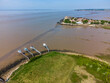 Aerial view, typical landscape fishing cabin on a sea pier with a net at Talmon in the Gironde estuary in West coast of France