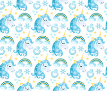 Cute Winter Unicorn Princess Seamless Pattern, Background. Christmas Magical Endless Texture For Little Princesses. Vector.