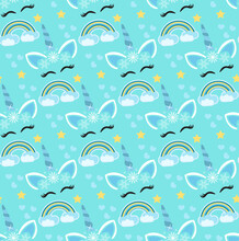 Cute Winter Unicorn Princess Seamless Pattern, Background. Christmas Magical Endless Texture For Little Princesses. Vector.