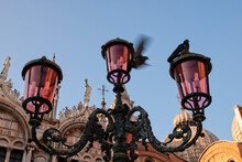 Bronze Street Lamp With Flying Pigeons, And In The Background One Of The Facades Of St. Mark's Cathedral In Venice Italy. Travel And Tourism