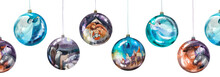 Watercolor Christmas Balls With A Nativity Scene, A Donkey And A Bull, Three Wise Men On Camels, Shepherds With Sheep, Singing Angels. Seamless Pattern. Christian Christmas Backgrounds, Banner