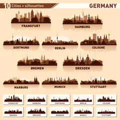 Fototapete - City skyline set. 10 city silhouettes of Germany