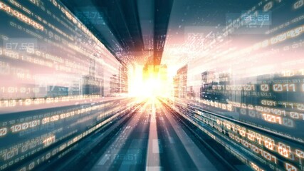 Loopable video of digital data flow on road in concept of program coding with graphic creating vision of fast speed transfer to show digital transformation , disruptive innovation . Seamless Loop .