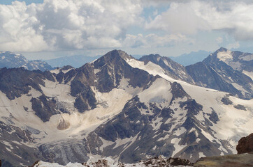 Beautiful view from Mount Elbrus. Garabachi station. Altitude is 3847 meters. Russia, Caucasus, Kabardino-Balkaria