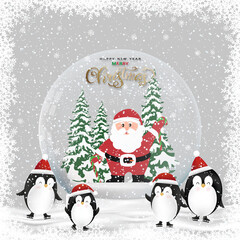 Wall Mural - Merry Christmas gift snow globe with santa claus,  inside,penguinon playing on snow,Winter wonderland scenery with Glass snow ball 3d design  on grey background, New year 2022